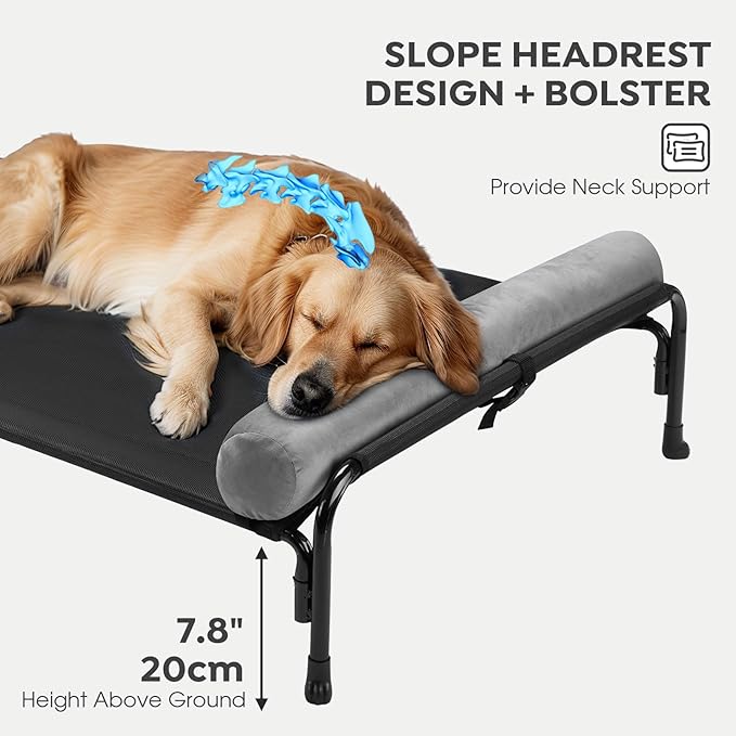 Veehoo Medium Elevated Dog Bed, Outdoor Raised Dog Cot Hammock Bed with One-Sided Removable Headrest Bolster, Cooling Breathable Washable Teslin Mesh, Off Ground, Anti-Slip, M, CWC2204BCP