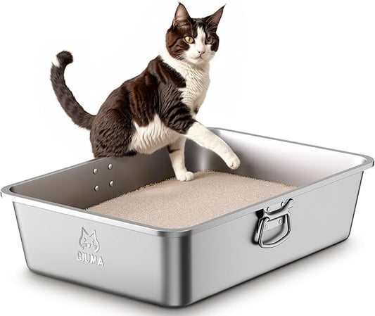 Stainless Steel Litter Box with Handle, Large Metal Cat Litter Box with High Sided for Big and Small Cats, Kitty Litter Boxes, Non-Stick, Easy to Clean, Odor-Free, Cat Toilet，Litterbox