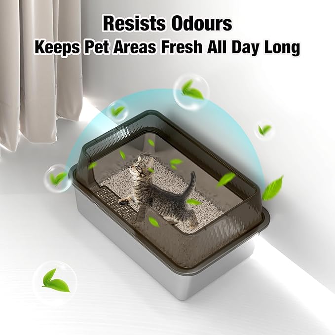 Suhaco Stainless Steel Litter Box Side Entry, Kitty Litter Mat and White Scoop Included Covered Metal High Sided Extra Large Cat Litter Box with Lid Removable Enclosure for Medium Cats (Tall Black)