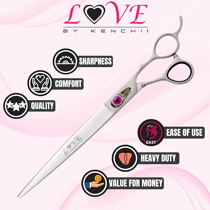 Kenchii Love Dog Grooming Scissors, 9 Inch Straight Shears, Dog Scissors for Grooming, Professional Pet Grooming Scissors, Heavy Duty, Durable and Sharp