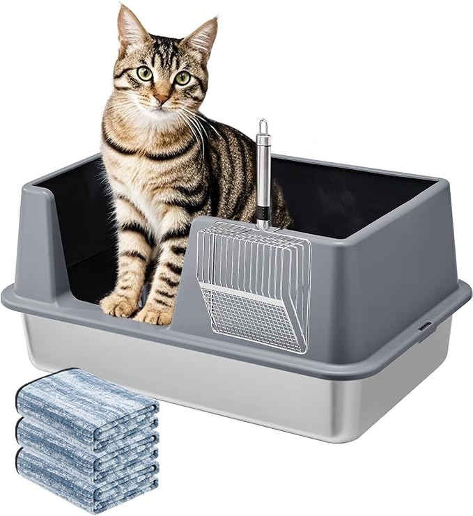 Stainless Steel Litter Box with Lid, 23.5" L x 15.8" W x 10.5" H, Large Metal Cat Box for Big Cats, High Sided Kitty Litter Box with Scoop & Pee Pads, Non-Sticky, Anti-Leakage, Easy to Clean (Gray)