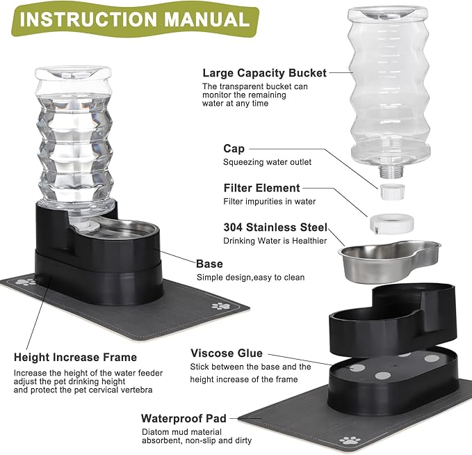 RIZZARI Large Water Dispenser for Dogs: 8L Automatic Stainless Steel Black Gravity Raised Pet Feeder for Pet Dogs Indoor/Outdoor