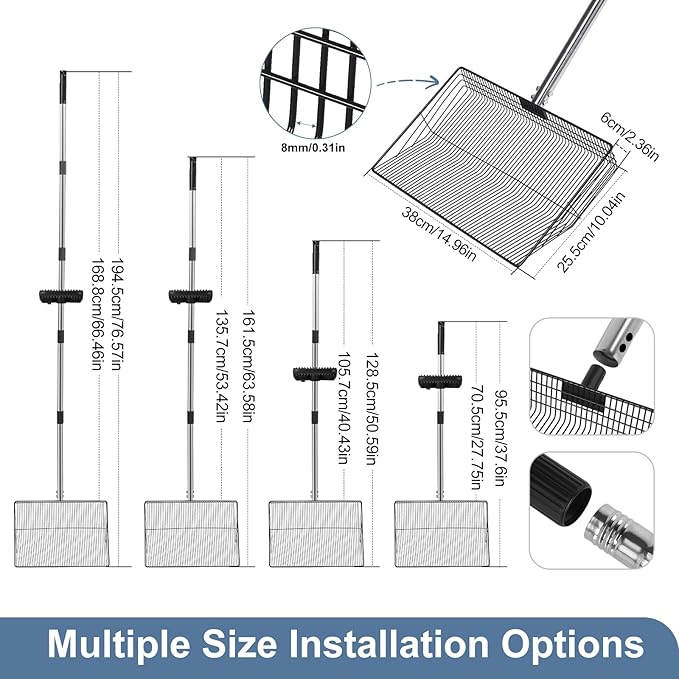 15inch Large Chicken Poop Scooper with Ergonomic Grip, 5 in 1 Adjustable Chicken Coop Pooper Shovel (24 to 76.5"), Stainless Steel Litter Sifting Shovel Scoop for Chicken Coop/Goat Stall/Stable
