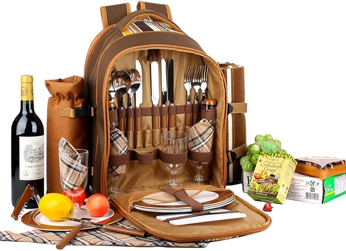 Apollo Walker Picnic Backpack Bag for 4 Person with Cooler Compartment,Wine Bag, Picnic Blanket(45"x53"),Best for Family and Lovers Gifts (Brown)