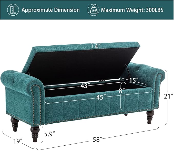 58’’ Storage Bench for Bedroom, Upholstered Button-Tufted Ottoman with Solid Wood Legs, Queen Size End of Bed Shoe Cabinet, Window Seat Foot Rest Stool for Entryway, Living Room (Teal)