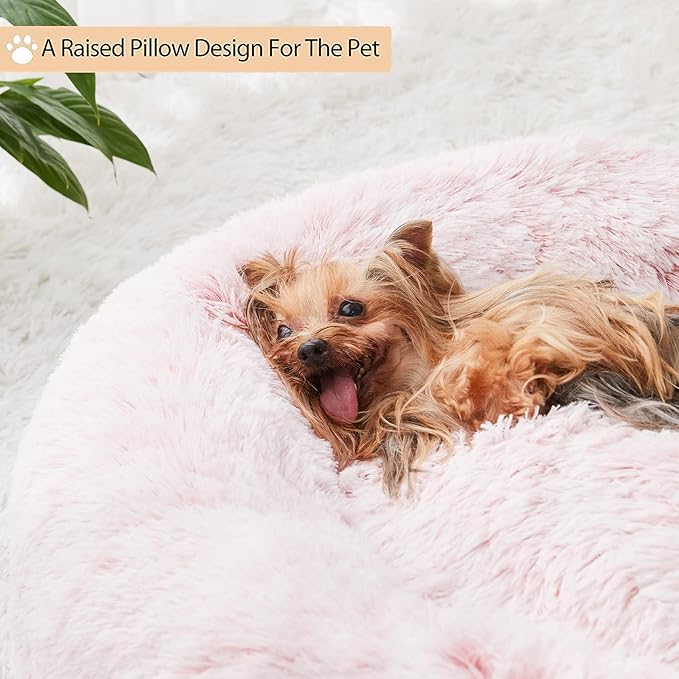 WNPETHOME Calming Dog Bed Cat Bed Donut, Faux Fur Pet Bed Self-Warming Donut Cuddler, Comfortable Round Plush Dog Beds (30 x 30 x 10 Inch, Light Pink)