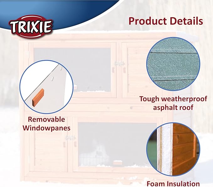 TRIXIE natura Insulated Rabbit Hutch, 2-Story Outdoor Bunny House, Small Animal Hutch with Ramp, Removable Window Panes, Ideal Shelter for Rabbits or Guinea Pigs, Brown