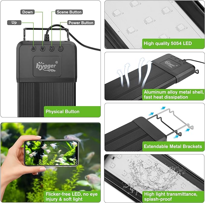 hygger 25W Smart Aquarium Light, Bluetooth LED Light with App Control, Full Spectrum Fish Tank Light with 24/7 Lighting Cycle, 5 Modes, Adjustable Timer, for 18"-24" Freshwater Planted Tank
