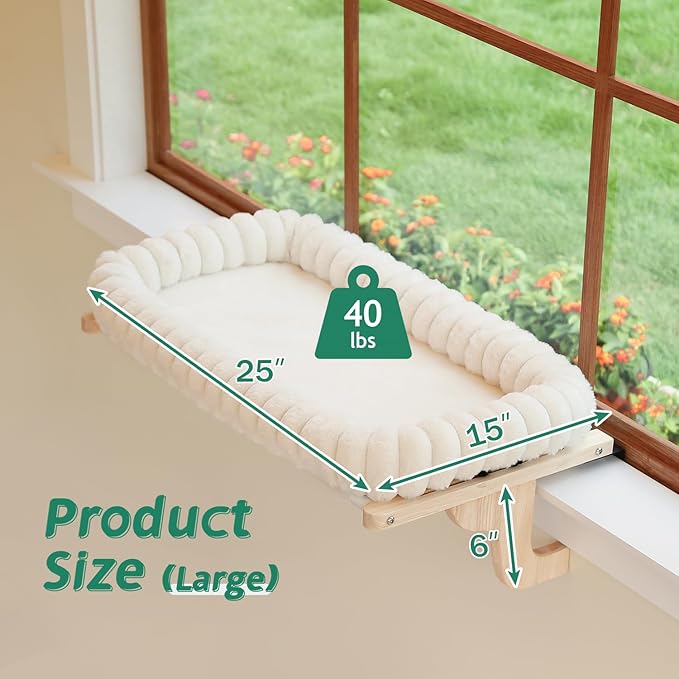 SnugCloud Cat Window Perch with 4-Sided Bolster - Orthopedic Cat Hammock for Window Sill - Solid Hardwood & Metal Frame - Window Seat for Pets (Natural Color Wood w/White Bed, Large)