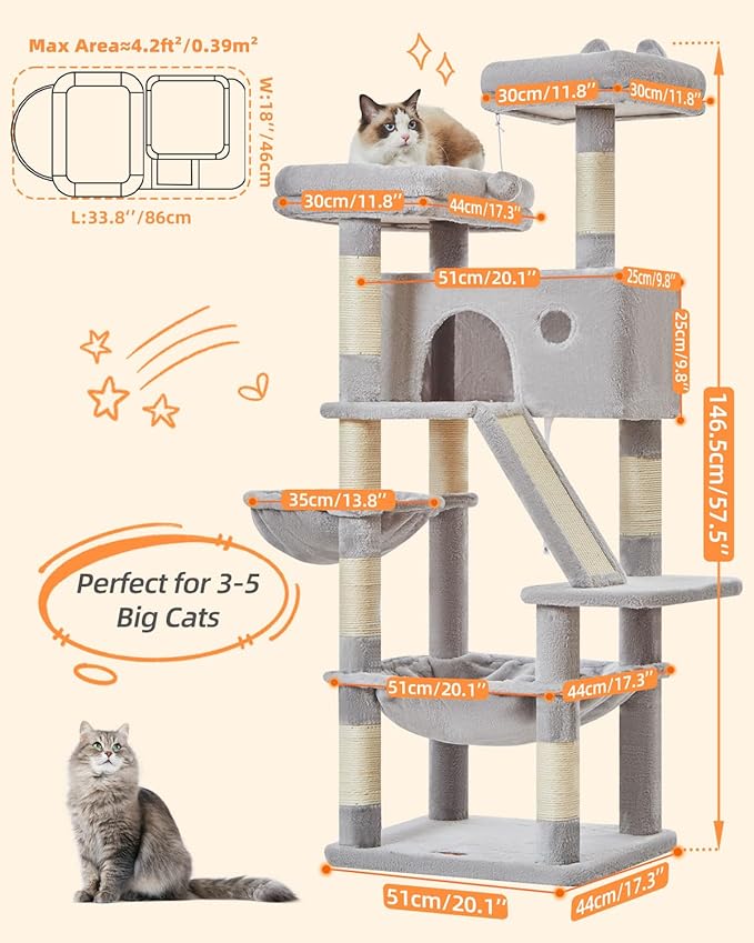 Taoqimiao Cat Tree 57.5-Inch, Cat Tower for Indoor Cats Large Adult, Extra Large Cat Condo, 8 Sisal Scratching Posts, Metal Frame Cozy Hammock, Durable Scratch Board, 2 Top Perches, Light Gray MS026W