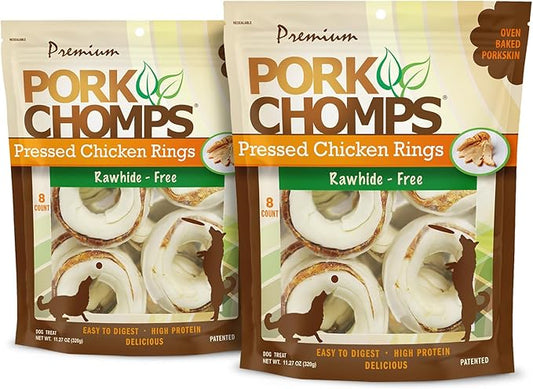 Pork Chomps Pressed Pork Skin Dog Chews, 2.5-inch Rings, Real Chicken, 8 Count (Pack of 2)