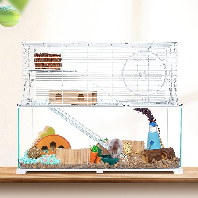 OIIBO 3 Tiers Large Hamster Cages, Glass Hamster Cage Habitat with Openable Wire Topper, Gerbil Cage with Two Ladders Ramps and Removeable Waterproof PVC Tray, Easy to Clean