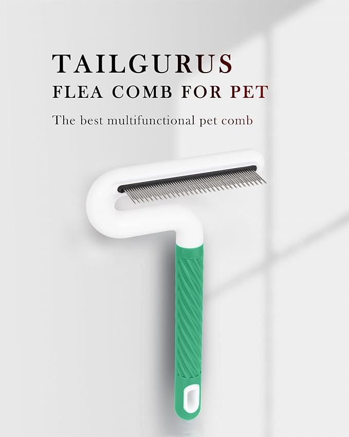 Pet Flea Comb for Dogs & Cats - Grooming Tool with Long & Short Steel Teeth, Safely Removes Tangles and Knots, Gentle Detangling Brush for Pet Hair (TG2043)(Green)