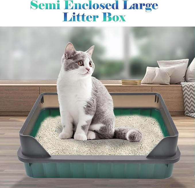 Cat Litter Boxes Large,Kitty Litter Box Low Entry High Sides,Semi Enclosed Front Entry Cat Pan Anti-Splashing Detachable Kitten Toilet with Scoop (Green)