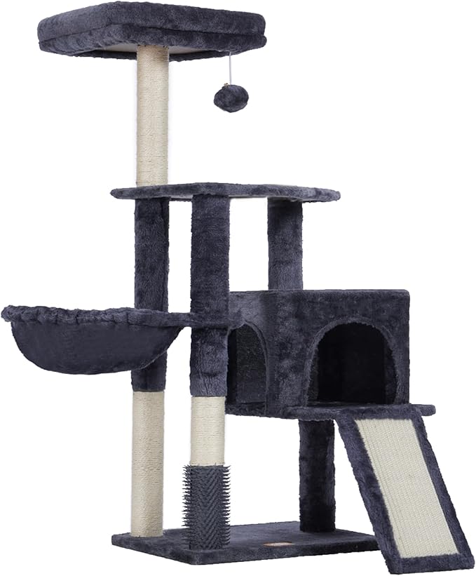 Heybly Cat Tree with Cat Self Groomer Brush, Cat Tower Condo for Indoor Cats with Padded Plush Perch, Cat House with Basket Scratching Board Post, Smoky Gray HCT005SG