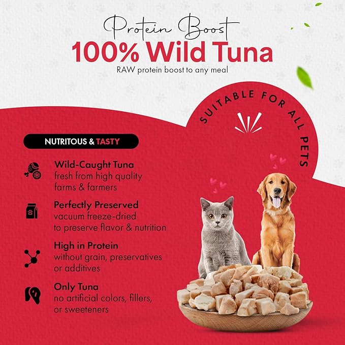 Freeze-Dried Tuna Treats for Cats & Dogs – 100% Wild Caught, Single Ingredient, High-Protein, Healthy Snack – No Additives or Preservatives – 7.4oz - Inspected & Tested in USA