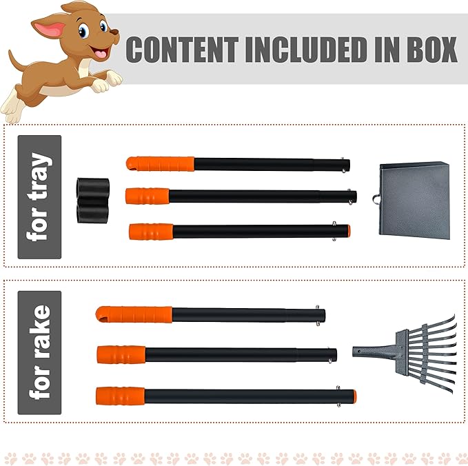 Niubya Pooper Scooper for Dogs, Metal Poop Scooper Tray and Rake Set with Adjustable Long Handle, Dog Pooper Scooper for Pet Waste Removal