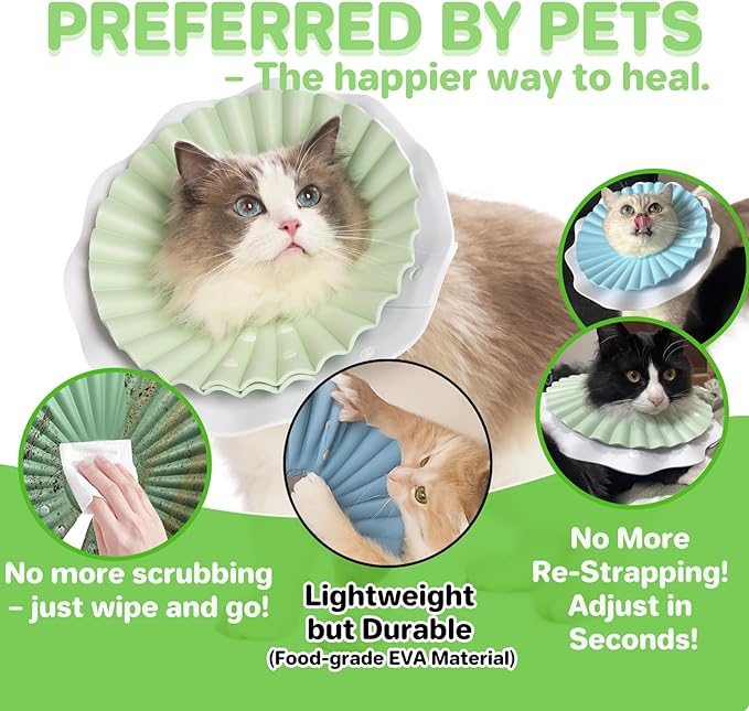 Soft Cat Cone Collar for Cats– Adjustable Lightweight Recovery E-Collar to Stop Licking, Scratching & Biting After Surgery, Comfortable Wound Healing Cone Alternative (Green, L)