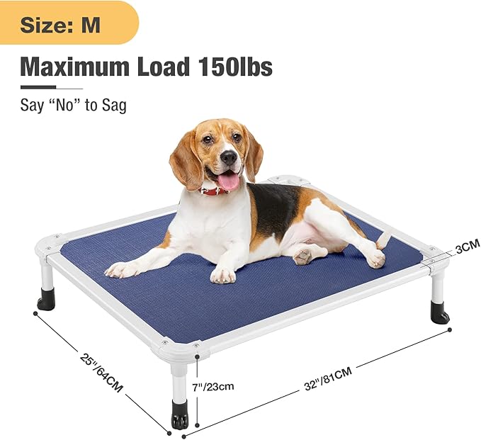 Veehoo Chew Proof Elevated Dog Bed - Cooling Raised Pet Cot - Silver Aluminum Frame and Durable Textilene Mesh Fabric, Unique Designed No-Slip Feet for Indoor or Outdoor Use, Blue, Medium, CWC2003