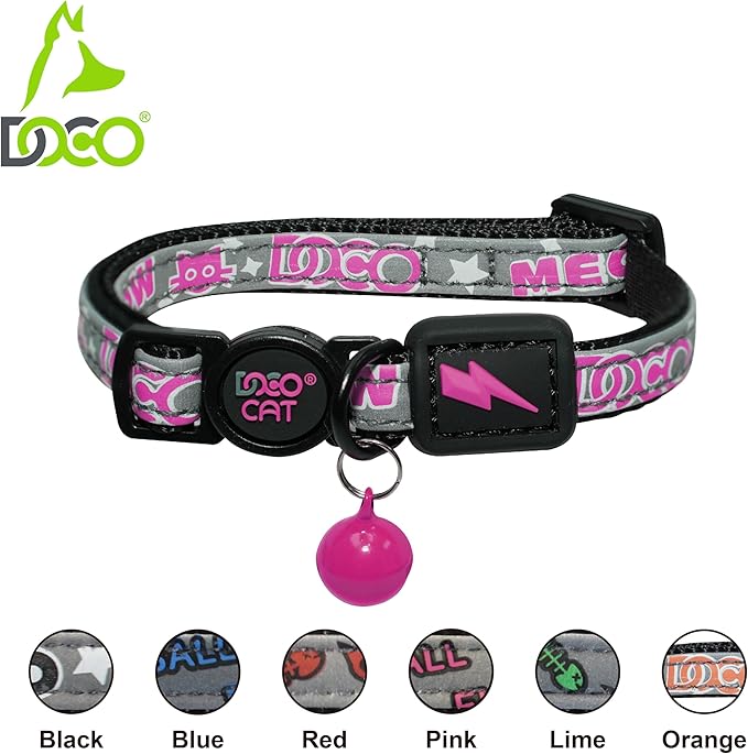 DOCO Cat Collar (Neck Girth - 3/8" x 7.5-12", Weight Upto - 13lb) Reflective Cat Collar with Bell, Breakaway Safety Buckle, Adjustable Nylon Strap for Kittens & Adult Cats (Pink)