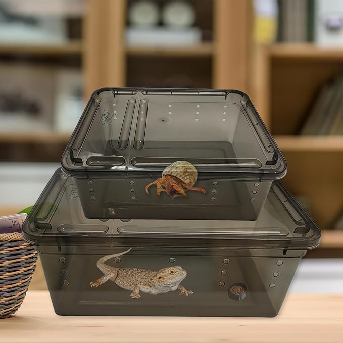 PINVNBY 8 PCS Reptile Feeding Box Portable Snake Breeding Box Lizard Cage Hatching Container 7.48"x4.92"x2.95" Transparent Plastic Pet Houses for Spider Scorpion Gecko Insect Tortoise Treefrog(Black)