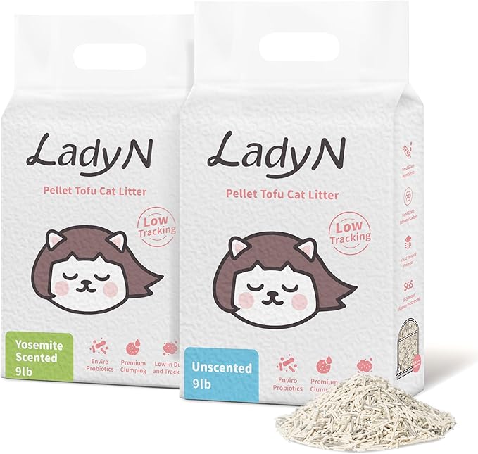 Lady N Pellet Tofu Cat Litter, Strong Clumping, Dust-Free Low-Track Water-Soluble, Natural Ingredients, Enviro-probiotic and Activated Carbon for Odor Control 18lb Yosemite Woody Scent + Unscented