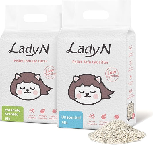 Lady N Pellet Tofu Cat Litter, Strong Clumping, Dust-Free Low-Track Water-Soluble, Natural Ingredients, Enviro-probiotic and Activated Carbon for Odor Control 18lb Yosemite Woody Scent + Unscented