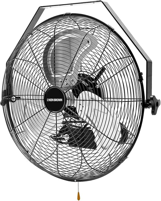 KEN BROWN 18 Inch Industrial Wall Mount Fan, 4300 CFM Metal Heavy Duty Fan, 3-Speeds High Velocity Oscillating Fans for Patios, Shop, Greenhouse, Garage, Commercial, Gazebo