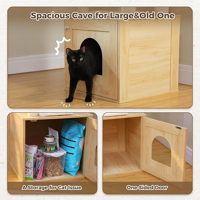 PEQULTI 57.5" Cat Tree with Litter Box Enclosure Large, Wood Cat Tower for Indoor Cats with Storage Cabinet and Cozy Cat Condo, Sisal Covered Scratching Post and Repalcable Dangling Balls, Beige