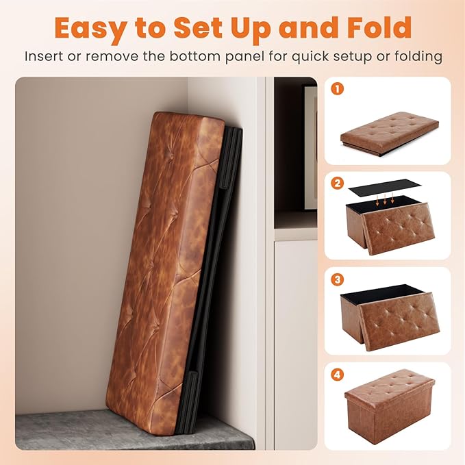 Sweetcrispy 30 Inches Folding Ottoman with Storage Bench, Foot Rest Stool, End of Bed Storage Bench Upholstered, Load 660 lbs, for Living Room, Synthetic Leather, Brown