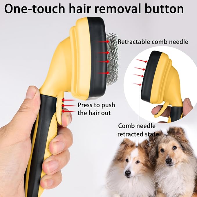 Self cleaning slicker brush for dogs and cats, skin-friendly grooming cat brush, easy-to-clean dog hair brush, depilatory brush, hair brush puppy brush, pet cleaning accessories (Yellow)