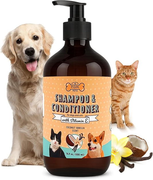 POM Pets 2-in-1 Organic Dog Shampoo & Conditioner – Itchy Skin Relief, Dog Deshedding, Detangles Fur, Cat Shampoo, Paw Cleaner for Dogs, Natural Coat Defense Formula