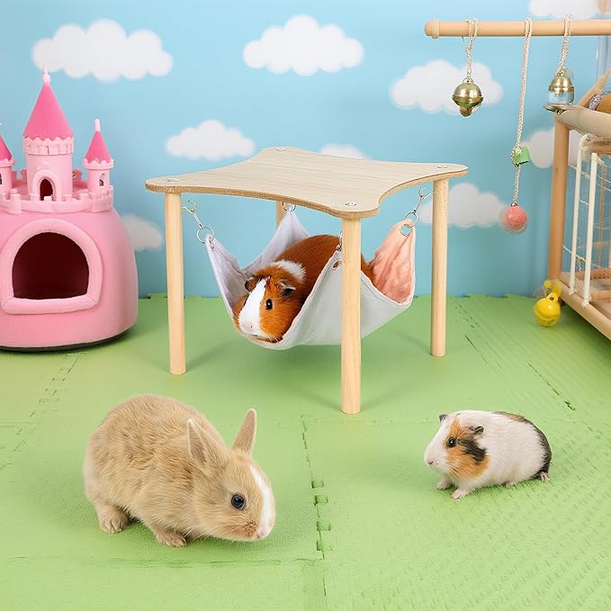 YUEPET Guinea Pig Hammock with Stand, Wooden Guinea Pigs Hideout Soft Ferret Hammock for Cage with Platform for Guinea Pig Ferret Dwarf Rabbit Chinchilla Hamster