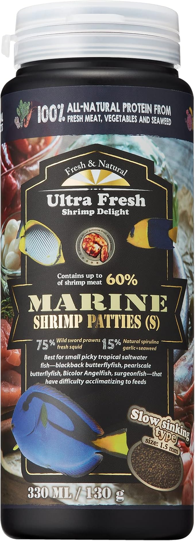 Ultra Fresh Marine Fish Food, 75% Sword Prawns + Squids, Natural Protein, Color Enhancement, for Small Saltwater Fish, Marine Shrimp Patties S 4.56oz