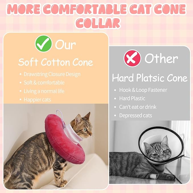 BRKURLEG Cat Cone Collar Soft, Cute Cat Recovery Cones, Soft Protective Pet Neck Cone, Adjustable Kitten Cones to Stop Licking, Pet Anti-Lick Wound Healing Elizabethan Collar, Pink, S