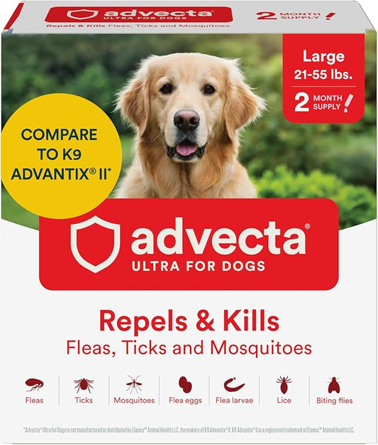 Ultra Flea and Tick Prevention for Dogs - Dog and Puppy Treatment and Control - Mosquito Repellent - Large, Fast Acting Waterproof Topical Drops, 2 Month Supply
