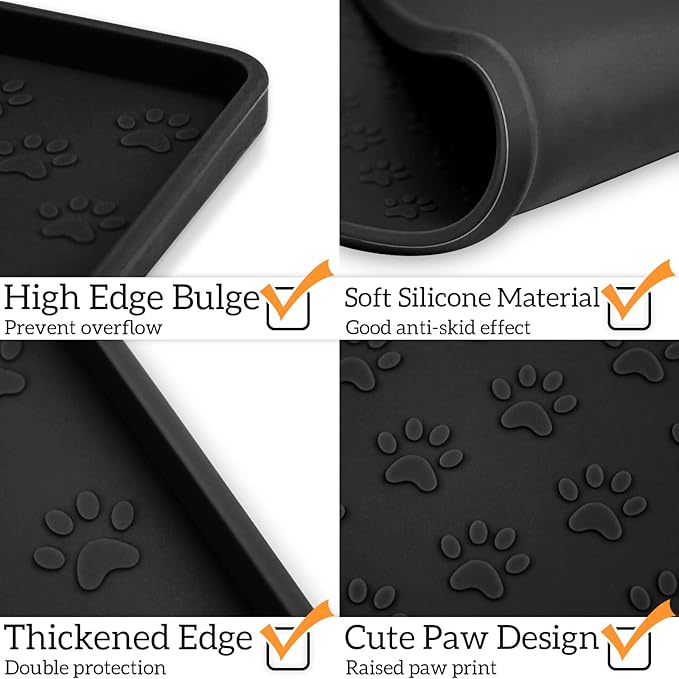 Ptlom Silicone Pet Placemat for Dog and Cat, Waterproof Anti-Slip Pet Feeding Bowl Mats for Food and Water, Small Medium Large Tray Mat Prevent Residues from Spilling to Floor, Black, 31.5" 23.6"