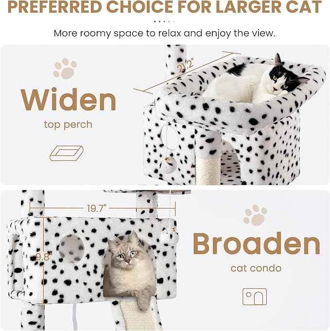 SHA CERLIN 65in Larger Cat Tree Tower Condo for Indoor Kitties/Multi-Level Furniture Activity Center with Wide Base/Cozy Plush Perches/Baskets/Sisal Scratching Posts and Hammock/White & Black Spot