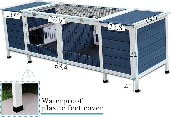 Rabbit Hutch Indoor Leakproof Bunny Cage Fir WoodenOutdoor Bunny House with Wire Floor Leakproof Plastic Tray (Blue)