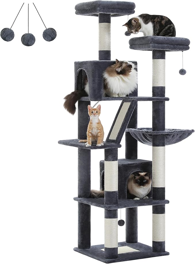 PAWZ Road 70 Inch Cat Tower, Tall Cat Tree with 2 Cozy Condos, 2 Plush Perch, Large Basket, 2 Scraching Pad & 6 Scraching Posts for Indoor Cats Large Adult, Dark Gray