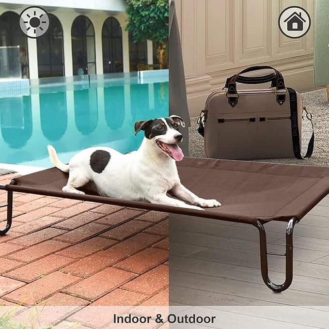 pettycare Elevated Outdoor Dog Bed - Raised Cots Beds for Small Dogs, Waterproof Pet Hommock Easy to Assemble, Cooling with Teslin Mesh, Durable, Non Slip, Indoor & Outdoor, Up to 35 lbs, Brown