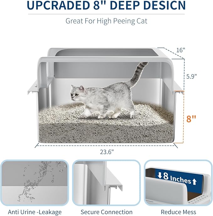 Stainless Steel Cat Litter Box 8 inch, XXL Large Cat Litter Tray with High Side, Platform Step and Scoop for Big Cats Multiple Cats, Easy Clean