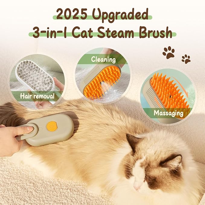 Upgrade Cat Steam Brush, 3 in 1 Pet Steam Groomer Brush, Rechargeable Pet Steam Groomer Comb for Massaging and Cleaning Shedding Pets Hair, Anti-Static Hair Removal Comb for Cats Dogs (Khaki+White)