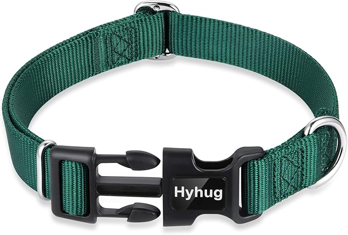 Hyhug Pets Solid Color Classic Regular Heavy Duty Basic Collar for Large Breeds Dogs Daily use, Unique Design Adjustment Triglide Slide Can Attached Name Tag Accessories. (Large, Dark Green)