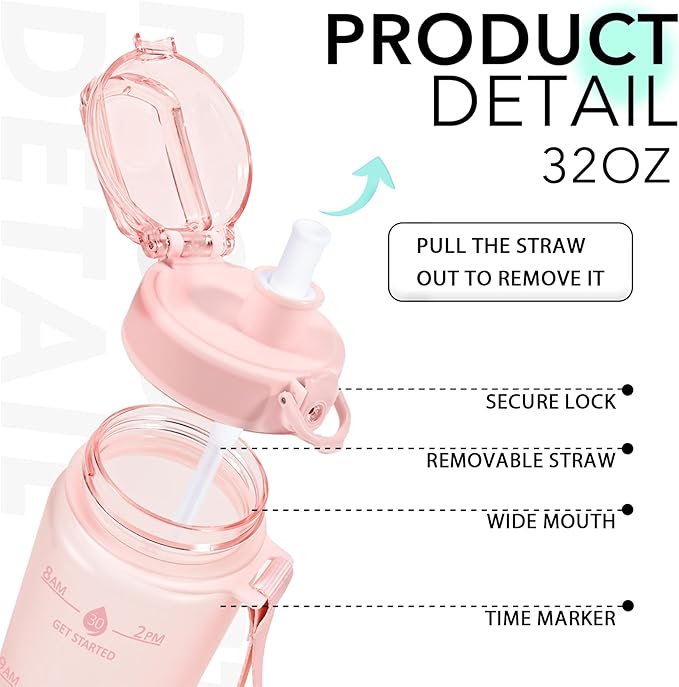 32oz Motivational Water Bottles with Time Marker & Fruit Strainer, Transparent Gradient Color Water Bottle with Times to Drink, Leakproof & BPA Free, Reusable Bottle with Strap (No Straw)