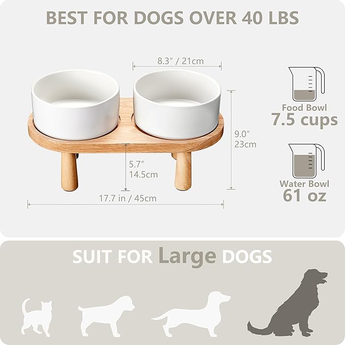 Ceramic Elevated Dog Bowls, Pet Food and Water Bowl Set for Large Dogs, 7.5 Cups Dog Bowls Raised with Wood Stand, 61OZ, White