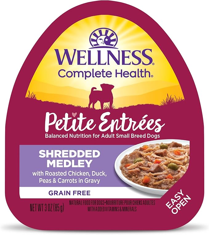 Wellness Petite Entrées Shredded Medley with Roasted Chicken, Duck, Peas & Carrots, 3-Ounce Cup (Pack of 12)