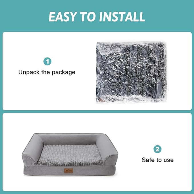 Orthopedic Dog Bed for Large Dog, Pet Couch for Medium Dog Cat, Big Supportive Foam Bolster Sofa with Waterproof Lining Cover, Anti-Slip, Comfort, Washable, 36x27x7.5 in, U Shape, Grey