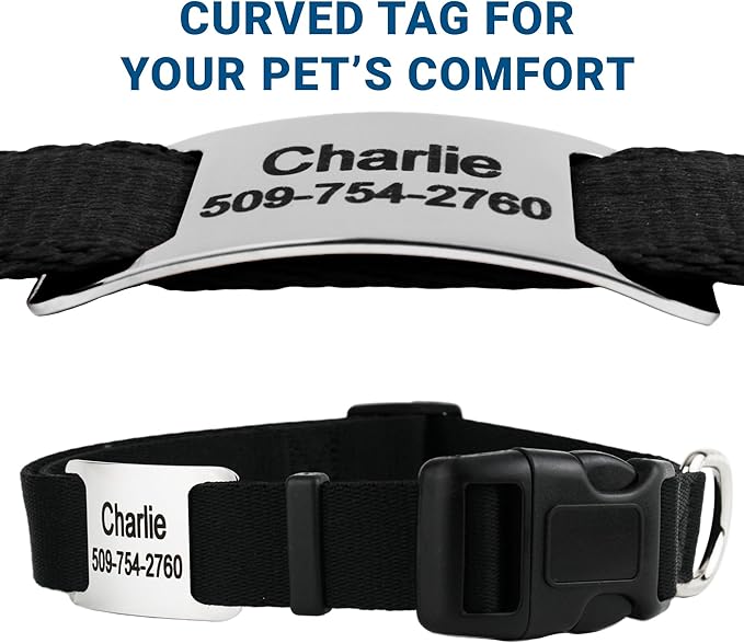 GoTags Reflective Personalized Dog Collar with Nameplate, Adjustable Dog Collar with Custom Engraved Steel Slide On Pet ID Tag, Silent, No Noise Dog Tag for Large Medium or Small (Beige, Medium)