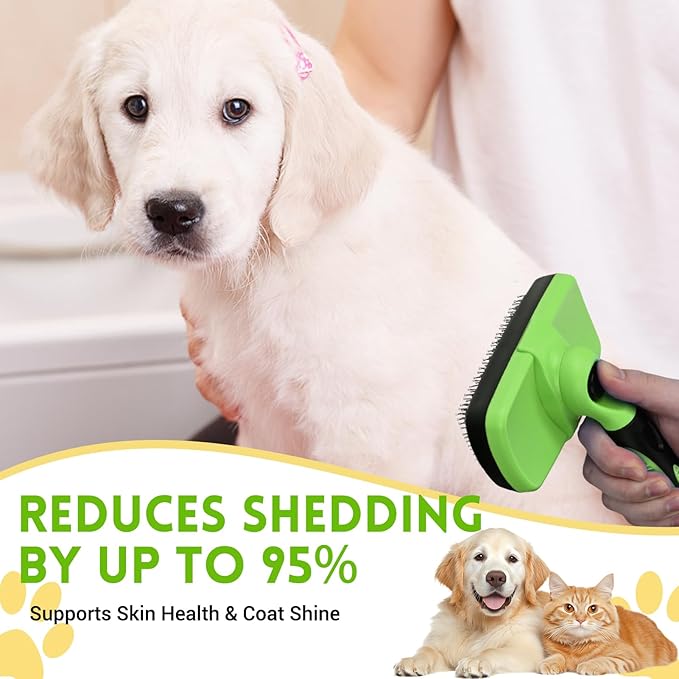 Large Self Cleaning Deshedding Brush for Dogs & Cats - One Button Hair Release Grooming Tool, Gentle Massage Brush for Long and Short Hair (Green)